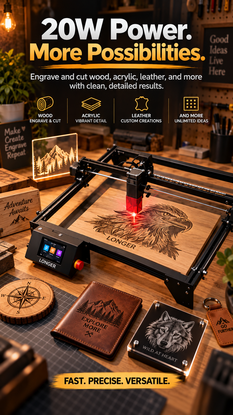 longer ray5 20w laser engraver high-power laser cutter machine 0-01mm-precision 24000mm min speed color metal engraving wood acrylic glass leather 3-5-touchscreen app-offline 400x3